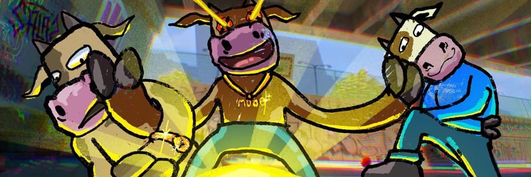Three Hoofzhood cattle with their arms around each other